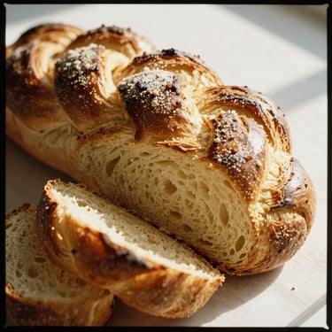 A traditional brioche vendéenne, braided, golden brown, soft crumb visible where sliced, morning sun, warm editorial photography, 35mm film