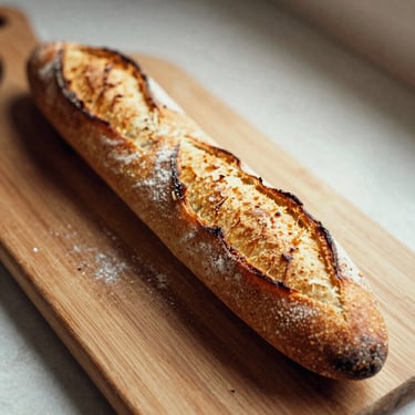 A golden baguette de campagne, deeply caramelized crust with sharp cuts, resting on a wooden baker's peel, warm editorial photography, 35mm film