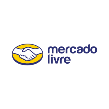 Official Mercado Livre logo featuring a blue handshake icon inside a yellow oval on a black background.