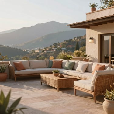 An editorial wide shot of a beautifully styled patio with a mountain backdrop, showing spatial flow, comfortable seating, and soft outdoor lighting.