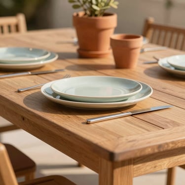 Close-up of a premium outdoor teak dining table styled with ceramic plates and terracotta planters in warm natural light, shallow depth of field, 35mm.