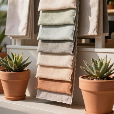 Bright natural daylight illuminating a high-end outdoor furniture showroom with fabric swatches and terracotta planters, shallow depth of field, 35mm