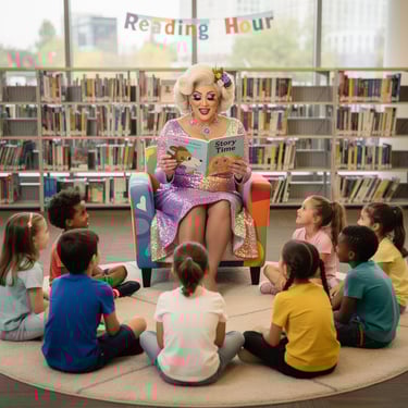 drag queen reading book to kids in library