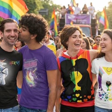 Group of friends at a Pride parade wearing colourful LGBTQIA+  T-shirts and hoodies, laughing and celebrating with r