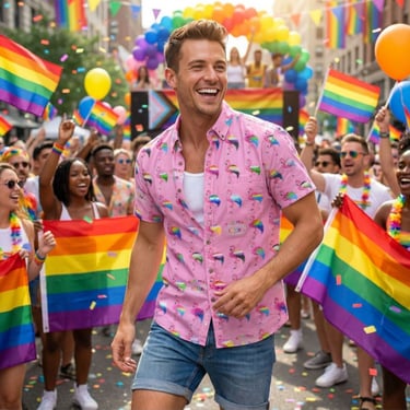man in a pink shirt with LGBT proud pride community and pride flag flamingo's