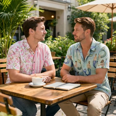 2 guys at cafe one wearing merman print shirt and other flamingo stripe shirt
