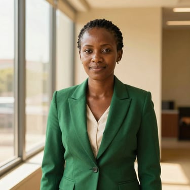 Dignified portrait of a professional East African female executive, warm natural sunlight, structured corporate environment, 35mm