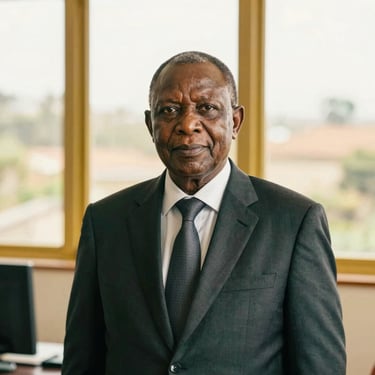 Dignified portrait of a senior East African male executive in a dark tailored suit, warm natural window light, Kampala office background, 35mm