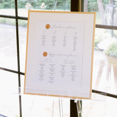 Žalios vestuvės su auksu Villa Top vestuvių dekoratorė floristė skaidrus molbertas susodinimo planas rėmelyje