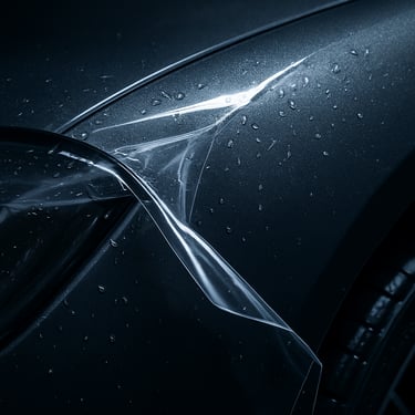 Close-up of clear self-healing paint protection film being seamlessly wrapped around the edge of a deep grey luxury car fender, wet installation, macro lens detail.