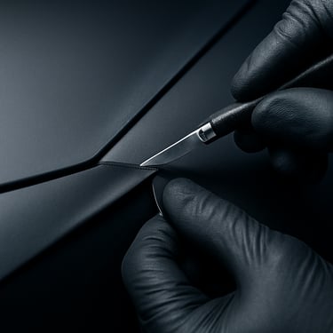 Extreme close-up of a technician trimming matte black vinyl wrap around a sharp body line of a sports car, precision blade, dust-free studio environment.