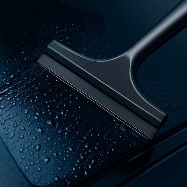 Macro shot of a squeegee pressing out water under dark ceramic window film on a high-end sports car window, sharp studio lighting, cool blue highlights.