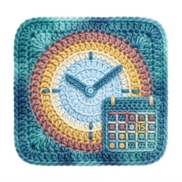 Reloj y calendario hechos a mano con ganchillo, en hilo azul y turquesa.