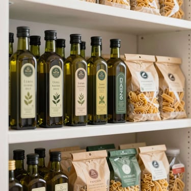 Neatly organized pantry shelves showing olive oil bottles and artisanal pasta packages, clean alignment