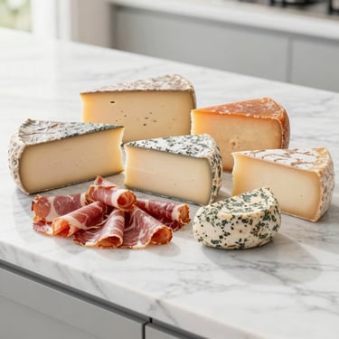 Artisanal cheeses and cold cuts neatly arranged on a clean marble counter, soft side lighting