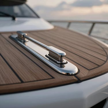 Macro detail of a custom yacht teak deck meeting polished steel, twilight overcast lighting.
