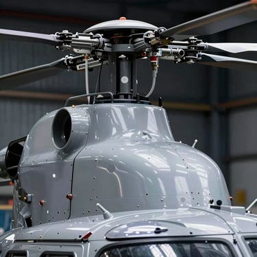 Macro detail of a corporate helicopter rotor assembly, clean engineering lines, dark moody hangar.