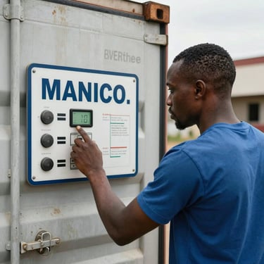 Un chauffeur guinéen inspectant le panneau de contrôle de température d'un conteneur frigorifique, arrière-plan de caisses de manioc prêtes pour le transport, lumière naturelle.