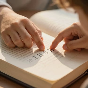 Close-up of a child's fingers tracing embossed letters in a beautifully bound physical book, warm golden hour light.