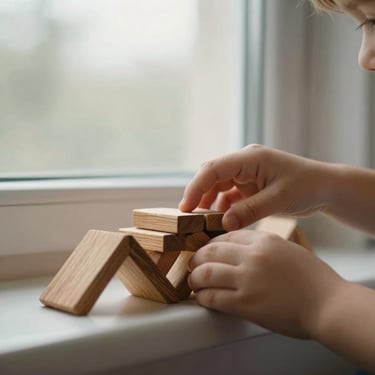Close-up of a child's hands carefully stacking natural wooden arches on a low shelf, soft morning window light, shallow depth of field.
