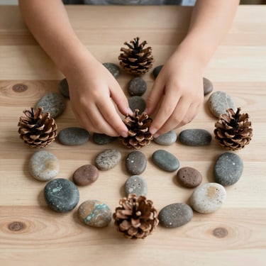 A child's hands arranging pinecones and smooth river stones in geometric patterns on a light wood table, soft diffused light.