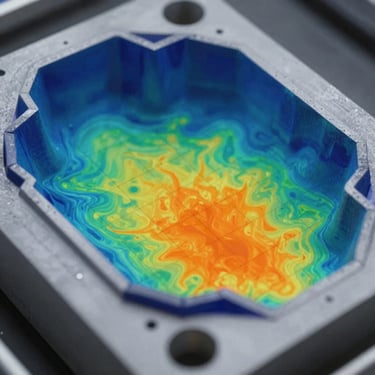 Macro close-up of an FEA thermal simulation heatmap on a complex 3D mold cavity model, showing gradient colors from deep blue to bright orange, sharp technical grid overlay