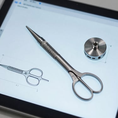 Technical engineering drawing of a custom surgical tool on a screen next to a precision-machined steel prototype, bright daylight.
