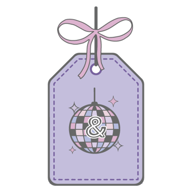 Lavender gift tag with a disco ball graphic and pink ribbon bow on a black background.