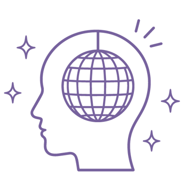 Purple line art icon of a human head profile with a disco ball brain on a black background.