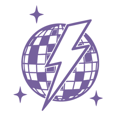 Purple disco ball graphic with a lightning bolt and stars on a black background.