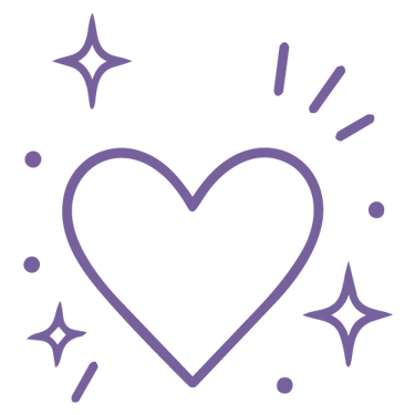 Purple outline illustration of a shopping bag with a heart on the front, sparkling on a black background.