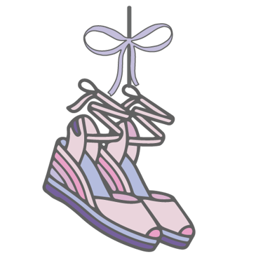 Illustration of pink and purple wedge espadrille sandals hanging by a bow ribbon.