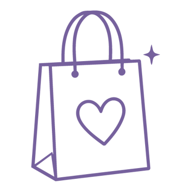 Purple line art icon of a shopping bag with a heart on a black background.