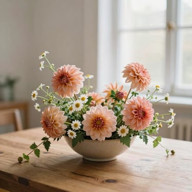 A stunning low-bowl floral centerpiece on a wooden table, featuring peach dahlias, wild chamomile, and trailing vines.