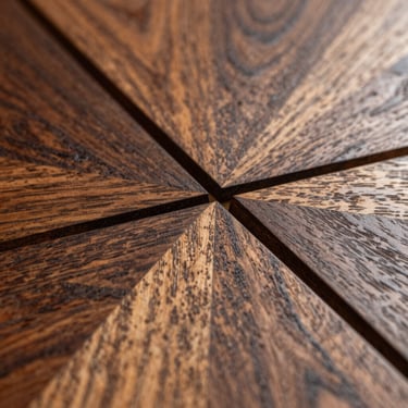 Extreme close-up of charred oak marquetry with precise hand-cut joints, warm highlights