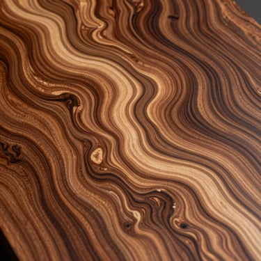 A fluid, organic marquetry artwork mimicking natural currents with rare burr walnut and satinwood