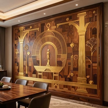 A bespoke architectural wood inlay installation spanning a grand dining room wall, warm gold accents