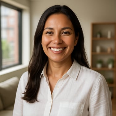 Portrait of a radiant South American woman in her late 30s with healthy, glowing skin, wearing a white professional linen shirt. She is smiling confidently in a brightly lit, modern Colombian apartment, representing the success and vitality of Atomy products.