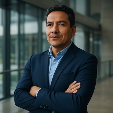 A successful South American man in his early 40s, dressed in a smart navy blue blazer, standing with his arms crossed in a modern office building. He looks determined and satisfied, embodying the role of a leader in the network.