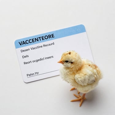 Flat-lay overhead shot of a vaccination record card and a day-old chick, studio-clear daylight, high contrast, clinical precision, text on card readable, chick in sharp focus, minimalist white or neutral background.