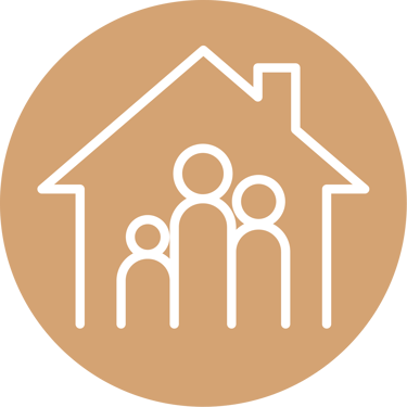 a family in a house with a house in the background