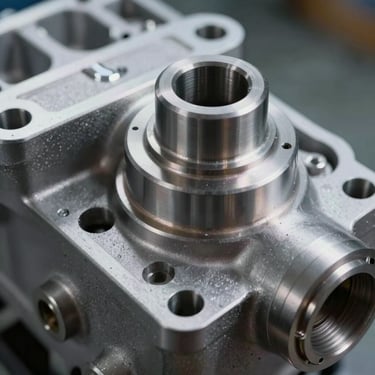 Extreme macro shot of a brushed metallic silver engine component under cool studio lighting, emphasizing precision engineering.