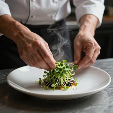 Low-key shot of a chef finishing a plate with microgreens under soft directional light, steam rising.