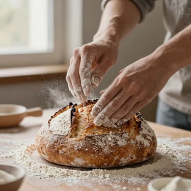 Hands dusting flour onto a rustic sourdough loaf before baking, soft window lighting, warm tones.