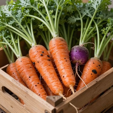 A wooden crate filled with freshly harvested heirloom carrots and radishes, soil still clinging, soft morning light.