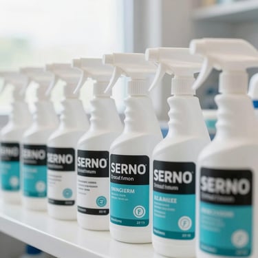 Professional grade disinfectant bottles lined up in a bright, clean commercial space, natural light