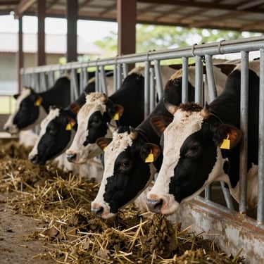 Healthy dairy cows feeding in a clean, well-ventilated barn in Costa Rica, bright daylight.