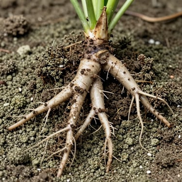 Close-up of healthy plant roots deeply gripping soil mixed with grayish-olive mineral granules, natural bright daylight.