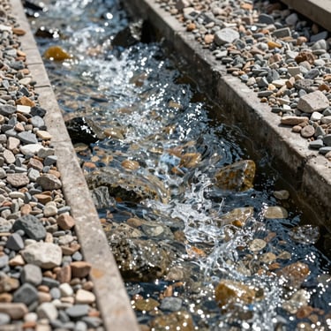 Clear water flowing through a professional gravel and mineral filtration bed, sharp focus, natural daylight.