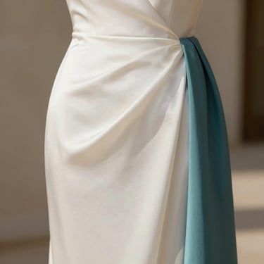 Close-up of elegant silk dress fabric draped beautifully over a tailor stand, warm golden daylight